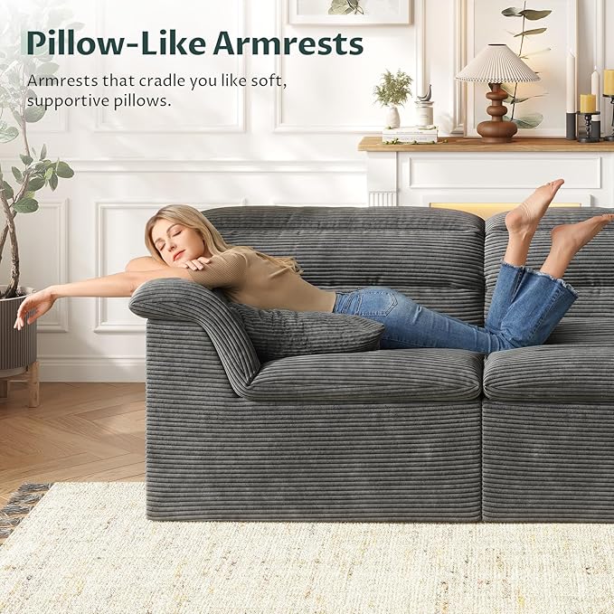 88" Sofa with Deep Seats Oversize, 3 Seater Cloud Couches, Upholstered Corduroy Couch for Living Room Bedroom, No Assembly Required, Dark Gray