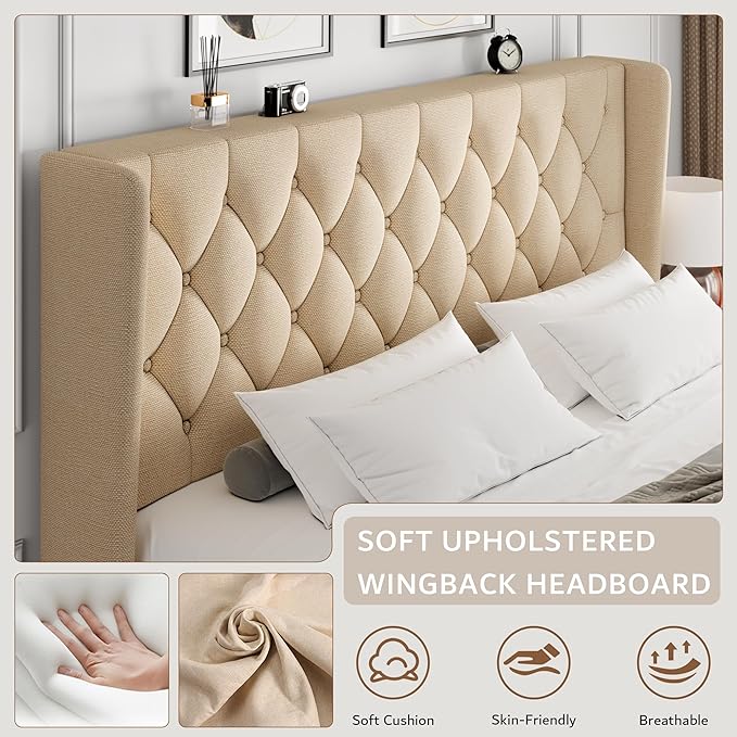 iPormis King Size Platform Bed Frame with Button Tufted Headboard, Upholstered Bed Frame with Solid Wooden Slats, 8" Underbed Space, No Box Spring Needed, Noise Free, Easy Assembly, Beige