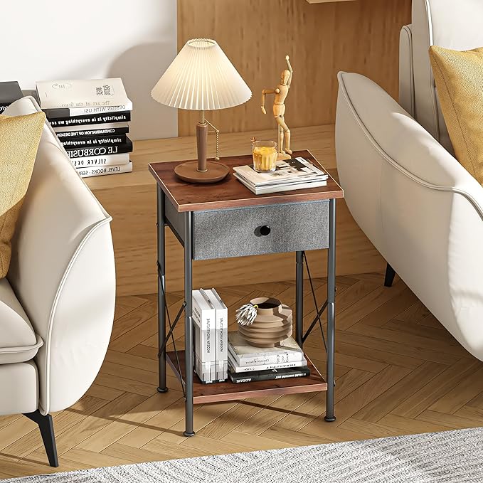 VECELO End Tables, Modern Nightstand with Fabric Drawer & Open Shelf, Night Stand for Bedroom Living Room, Industrial Metal Frame, Easy Assembly, Retro Brown,2 Pack