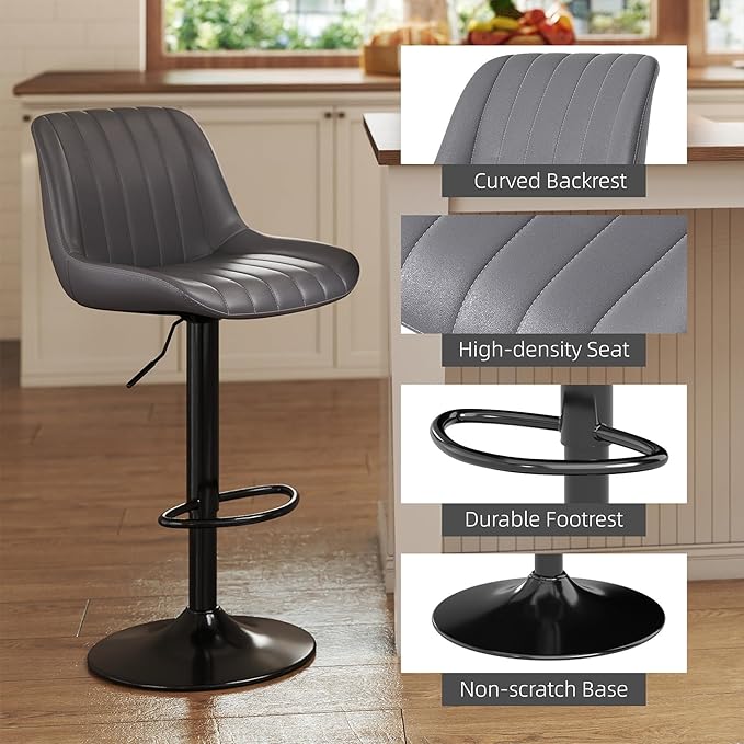 Youhauchair Bar Stools Set of 3, Swivel Counter Height Barstools with Back, Adjustable PU Leather Bar Chairs, Modern Armless Kitchen Island Stool, Dark Grey