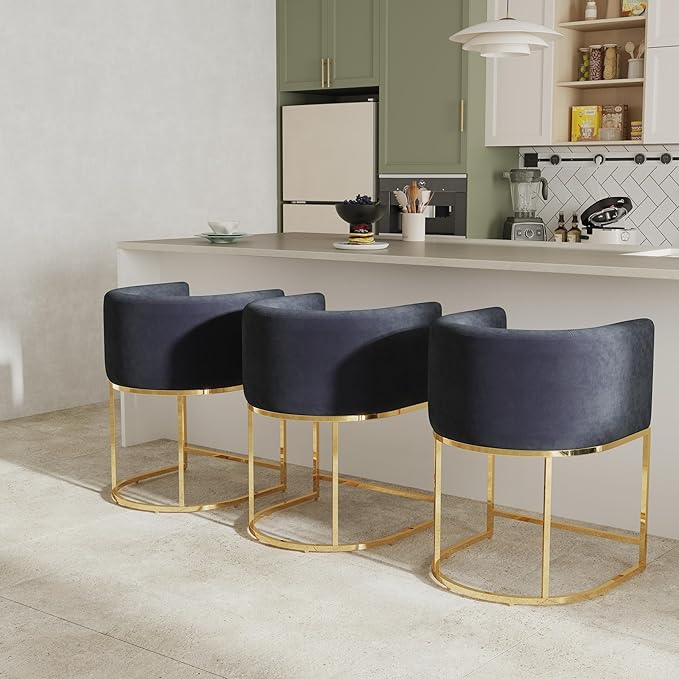 Black Velvet Bar Stools Set of 2, 24" Contemporary Upholstered Fabric Counter Height Barstools Kitchen Counter Island Stools with Golden Metal Base