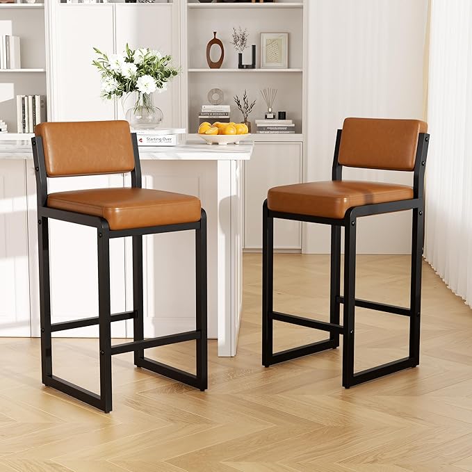 Bar Stools Set of 5, Faux Leather Counter Height Bar Stools with High Back and Metal Legs, Upholstered Bar Chairs, 26" Modern Barstools for Kitchen Island, Caramel