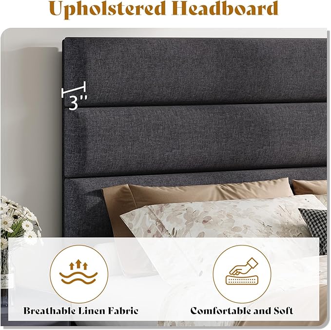 AMERLIFE Full Size Bed Frame with Linen Upholstered Headboard, Modern Platform Bed with Wooden Slats Support, Noise-Free, No Box Spring Needed, Easy Assembly, Grey