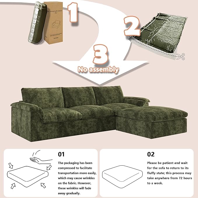 EASE MOOSE Oversized Cloud Couch Sectional Sofa, L-Shaped Large Modular Couch for Living Room, Minimalist Boneless Convertible Couches with Ottoman, 5-Seat Deep Sofas for Bedroom, Chenille (Green)