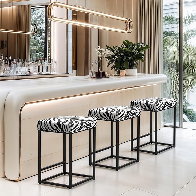 MAISON ARTS Bar Stools Set of 3 | Counter & Bar Height Kitchen Island Stools | Modern Black & White Zebra Stripes Metal Barstools | 24" Backless Farmhouse Bar Height Stools