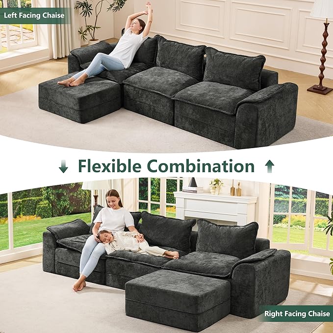 Hobestluk 120" Cloud Modular Sectional Couch 3-Seater Sofa with Ottoman L Shaped Sofa with Removable Cover Large Sofa Couch for Living Room (Dark Grey, 3-Seater Sofa with One Ottoman)