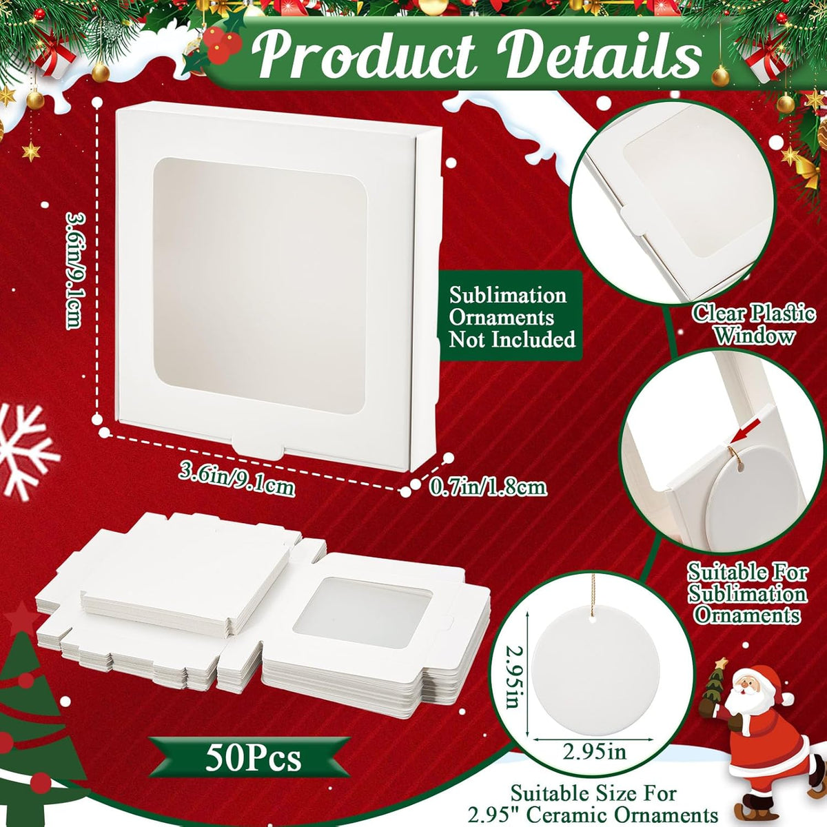 50 Pcs Sublimation Ornament Blanks Box 3.6"x3.6"x0.7" Christmas Ornaments Holder Ceramic Discs Packaging Box with Window for Personalized Xmas Tree Blanks Bulk (White)