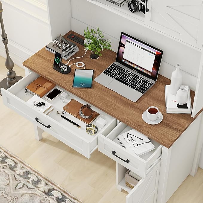 Farmhouse 47" Executive Computer Desk with 2 Drawers and Storage Cabinet, Home Office Desk with Hutch and Charging Station, Workspace for Work and Study (White&Brown).