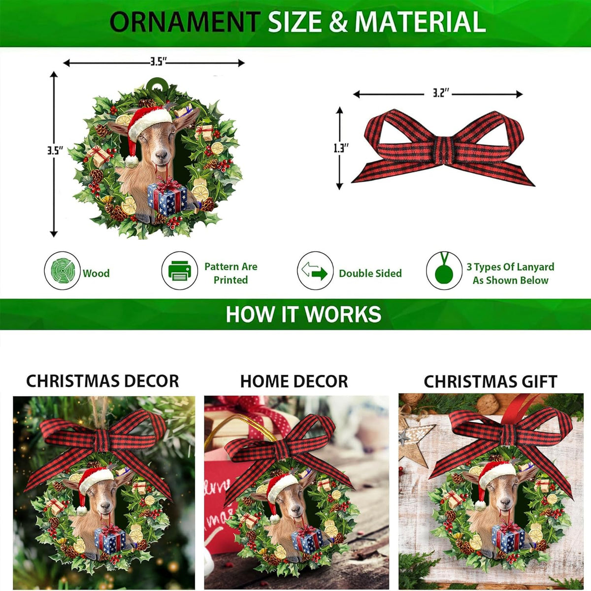 Talataca Goat Wearing A Christmas Hat Wreath Farm Animal Lover 2D Flat Christmas Tree Wood Ornament Decor Wooden Hanging Decoration House Present Xmas Eve Keepsake Decorative