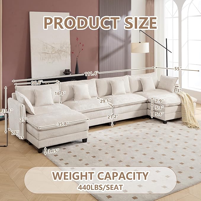 Plush Modular Cloud Sofa Set with Ottoman | L/U-Shaped Deep Seating Chenille Sectional for Family Living Room