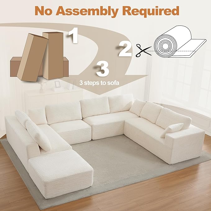 Modular Sectional Cloud Couch for Living Room,Modern Boneless Couche Set with Plush Corduroy,Comfy Floor Sofa with Memory Foam,Stupendous U Shaped Sofa with Chaise,No Assembly Required,Beige