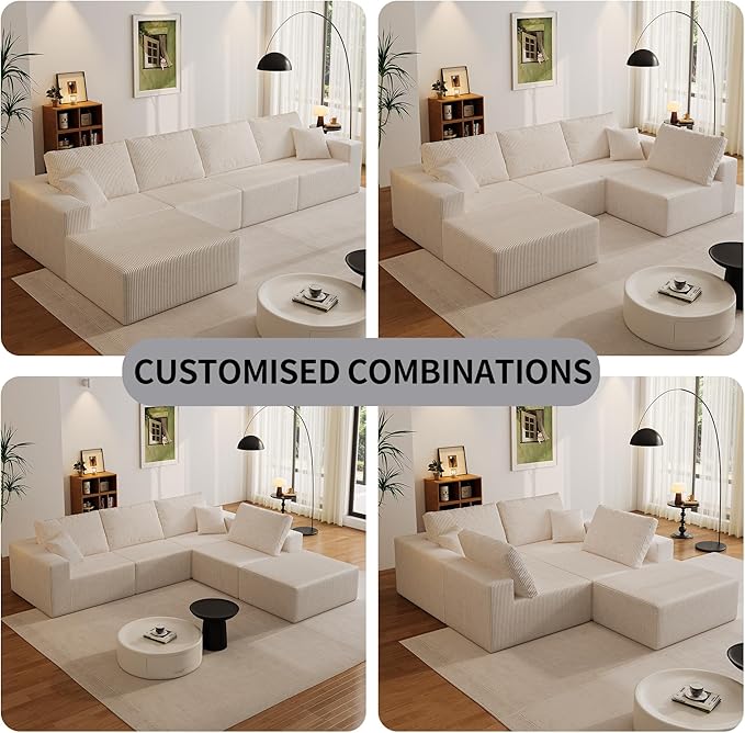 139" Boneless Cloud Sectional Couch for Living Room, Compressed Modular L-Shaped Sofa with Deep Seat, Frameless Corduroy Couch in Boxes, No Assembly Required 4-Seater (Left-Facing Chaise, Beige)