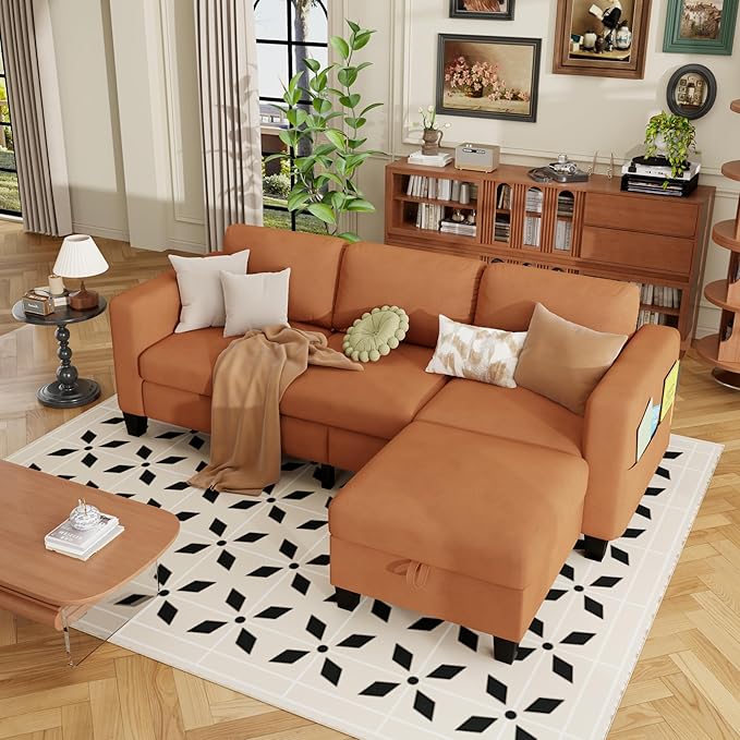 ZeeFu Sectional and Sofa Couches for Living Room - 78'' 3 Seater L-Shaped Modular Couch with Storage Ottoman - Modern Velevt Fabric Upholstered Sofa Set for Small Space Apartment Office