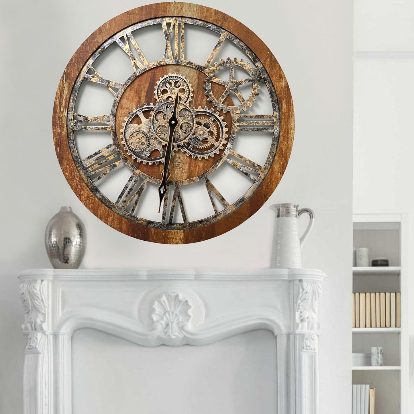 The Gears Clock The Original Real Moving Gear Wall Clock Vintage Industrial Oversized Rustic Farmhouse (24 inch (60cm), Vintage Brown)