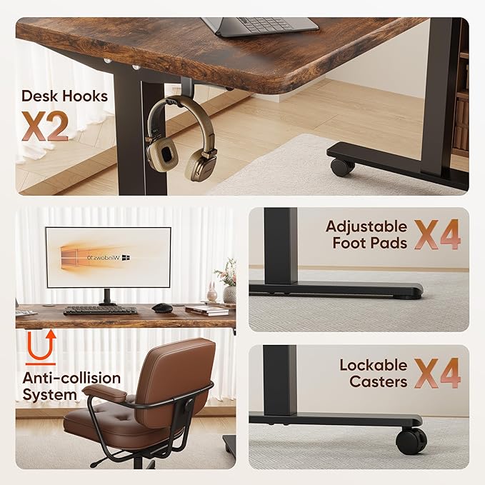 Monomi 55" Electric Standing Desk,Height Adjustable Home Office Sit Stand Up Computer PC Table,Tall Standup Workstation, Gaming, Writing, Study,Bedroom Rising Desks with Two-Piece Desktop,Brown