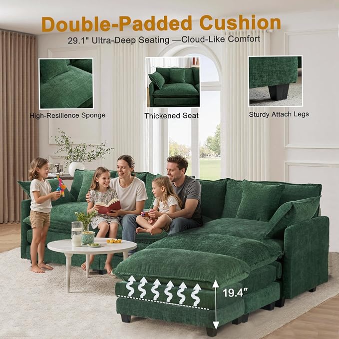 Expandable Modular Sectional Sofa with Ottoman, 111.4" Cloud Chenille U-Shape Couch, Reversible Chaise & 2nd Ottoman for Large Spaces, Deep Seat, Solid Wood Frame