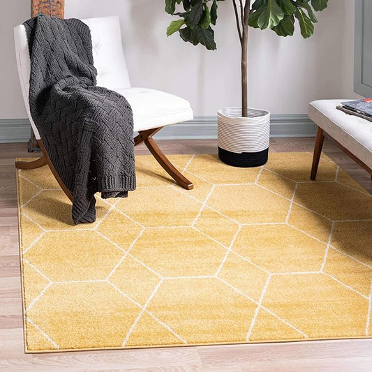 Unique Loom Trellis Frieze Collection Area Rug - Geometric (7' 10" Square, Yellow/ Ivory)
