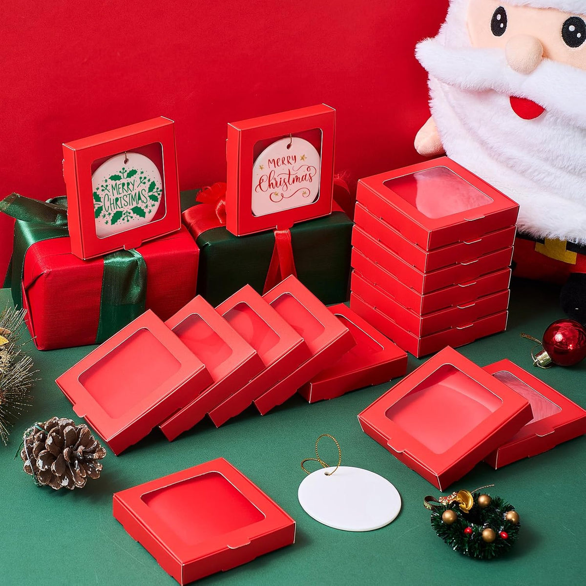 50 Pcs Sublimation Ornament Blanks Box 3.6"x3.6"x0.7" Christmas Ornaments Holder Ceramic Discs Packaging Box with Window for Personalized Xmas Tree Blanks Bulk (Red)