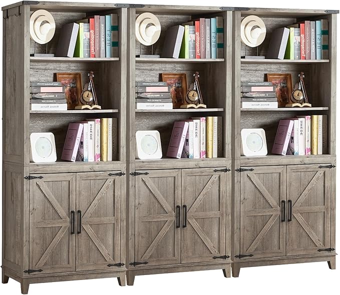 5 Tier Bookshelf 70in Tall Bookcase with Barn Doors and Storage Cabinet, Grey Farmhouse Book Shelf with Adjustable Shelves, Wood Freestanding Display Bookshelves for Bedroom, Kitchen (3 PCS)