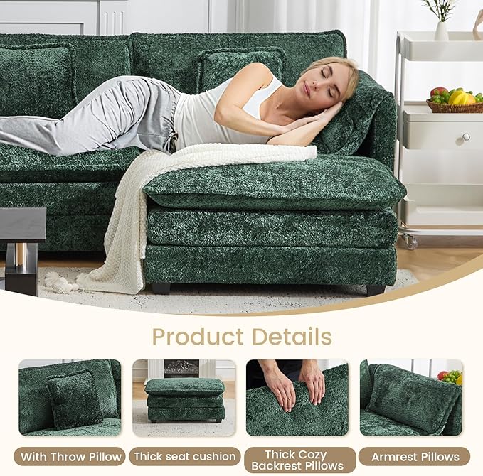 147.8" U Shaped Modular Sectional Sofa, Comfy Cloud Couch with Movable Ottoman, Deep Seat Modular Sofa, Sectional Couches for Living Room, Bedroom, Apartment (Green)