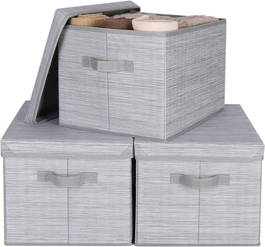 WUIKE 3 Pack Extra Large Closet Storage Bins with Lids, Gray Storage Boxes with Handles, Fabric Storage Baskets with Cover for Bedroom
