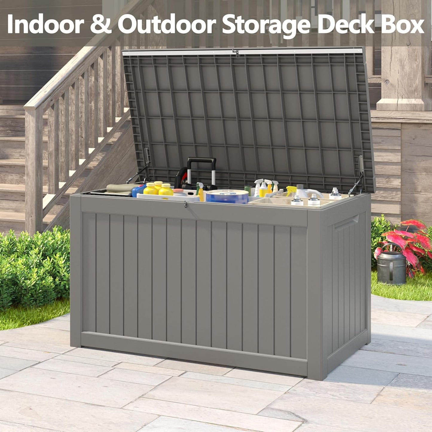 KAMABOKO 230 Gallon Outdoor Storage Box, Resin Deck Boxes Indoor and outdoor, Waterproof Storage Box Lockable Lid for Garden Tools, Package Delivery, Patio Cushions, Grey