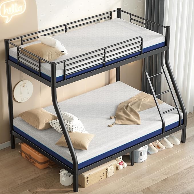 Bunk Beds Twin Over Full Size with 6" Mattresses Included, All-in-One Bunk Bed for Kids/Adults, Heavy Duty Sturdy Frame with Ladder Guardrail, With Memory Foam Mattress, Easy Assembly（Black）