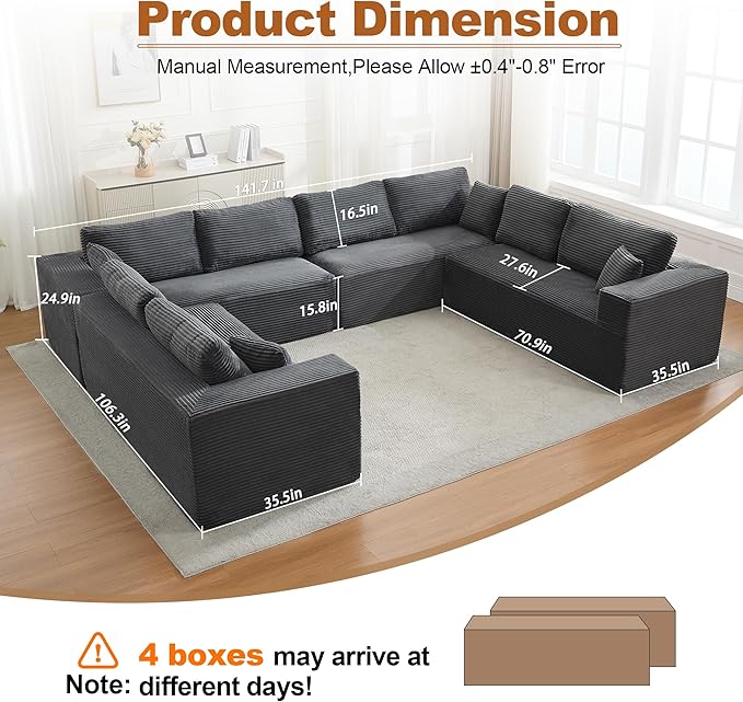Modular Sectional Cloud Couch for Living Room,Modern Boneless Couche Set with Plush Corduroy,Comfy Floor Sofa with Memory Foam,Stupendous U Shaped Sofa,No Assembly Required,Grey