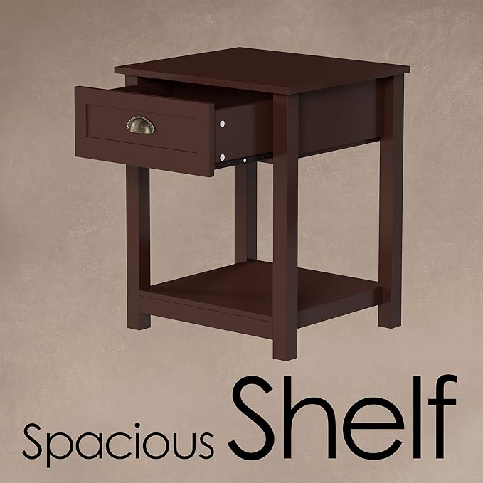 Side Table - Wooden Night Stand with Drawer and Open Storage Shelf - Shaker Style Bedroom or Living Room Furniture - Use as Bedside or End Table by Lavish Home (Brown)