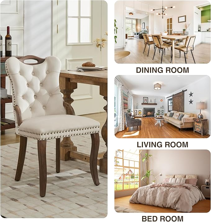 Velvet Dining Chairs Set of 4, Solid Wood Handles, Wooden Upholstered Dining Chair, Vintage Copper Nail Decoration, Mid Century Modern Kitchen Chair (Beige, Set of 4)