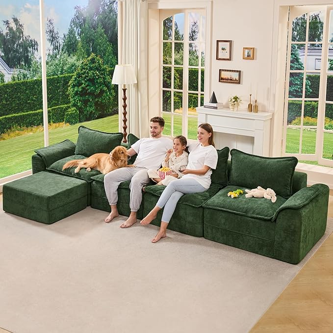 Hobestluk Cloud Modular Sectional Couch 4-Seater Sofa with Ottoman L Shaped Couch Deep Seat Sofa with Removable Cover Large Sofa for Living Room (Green, 4-Seater Sofa with One Ottoman)