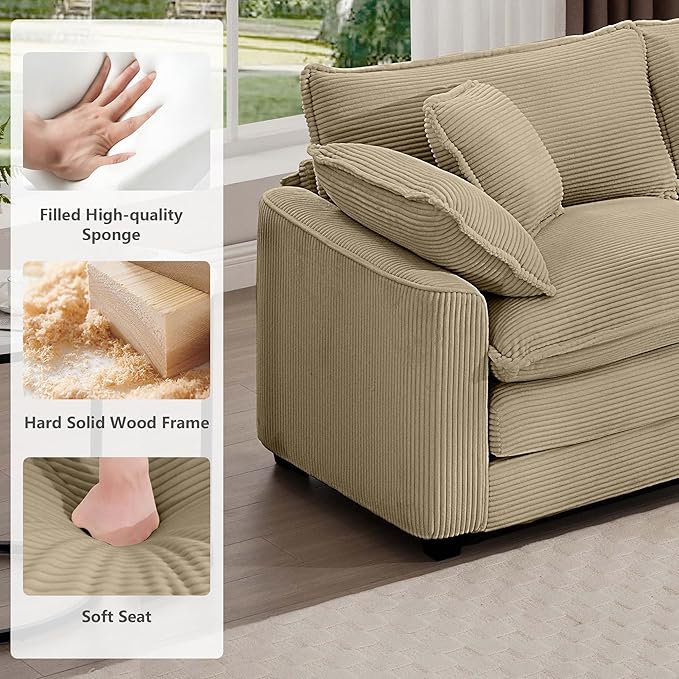 mikibama Luxury 2 Piece Sofa Set, 2 Pieces of Loveseat Couch, Modern Corduroy Comfy Cloud Couches Set for Living Room Office with 4 Armrest Pillows and 4 Toss Pillows, Camel