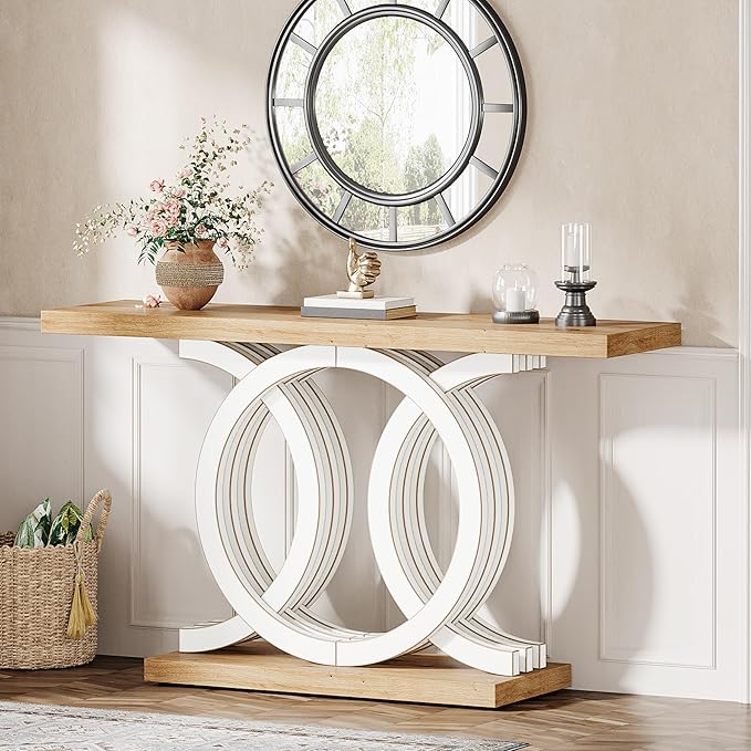 Tribesigns 55-Inch Console Table with Geometric Wood Base, Modern Entryway Table with Thick Tabletop for Living Room, Hallway, Foyer (White)
