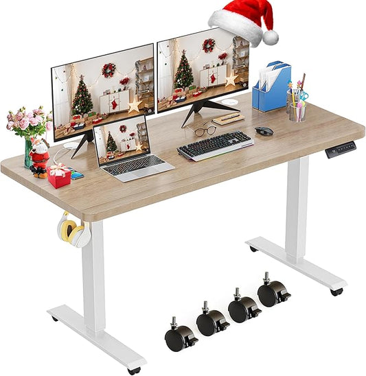 farexon Electric Standing Desk Adjustable Height, 48 x 24 inch Sit Stand Desk with Metal Hook, 4 Memory Heights, 27''-46'' Lifting Range Stand up Desk with Wheels(Oak Gray)
