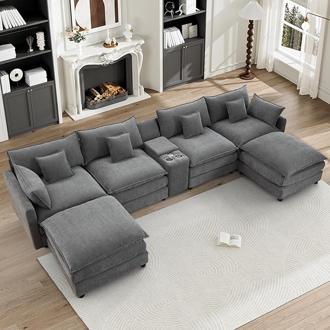 HYJT-H&K 145" U Shaped Cloud Couch Modular Gray Sectional Couches for Living Room, Comfy Fluffy Chenille Oversized Cloud Sectional Couch Large 6 Seat Sectionals Sofa Set Central Console USB Port