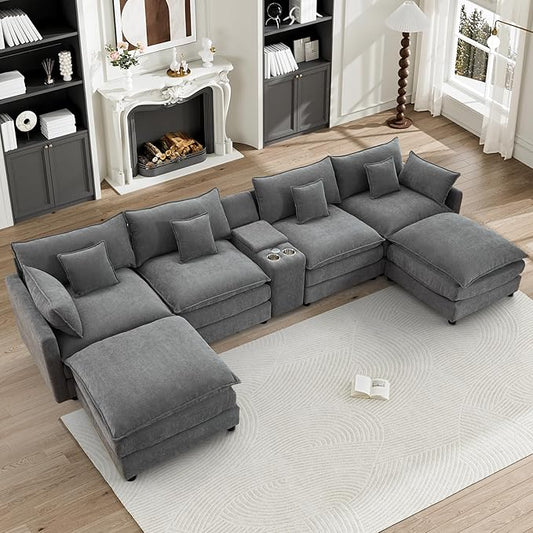 HYJT-H&K 145" U Shaped Cloud Couch Modular Gray Sectional Couches for Living Room, Comfy Fluffy Chenille Oversized Cloud Sectional Couch Large 6 Seat Sectionals Sofa Set Central Console USB Port