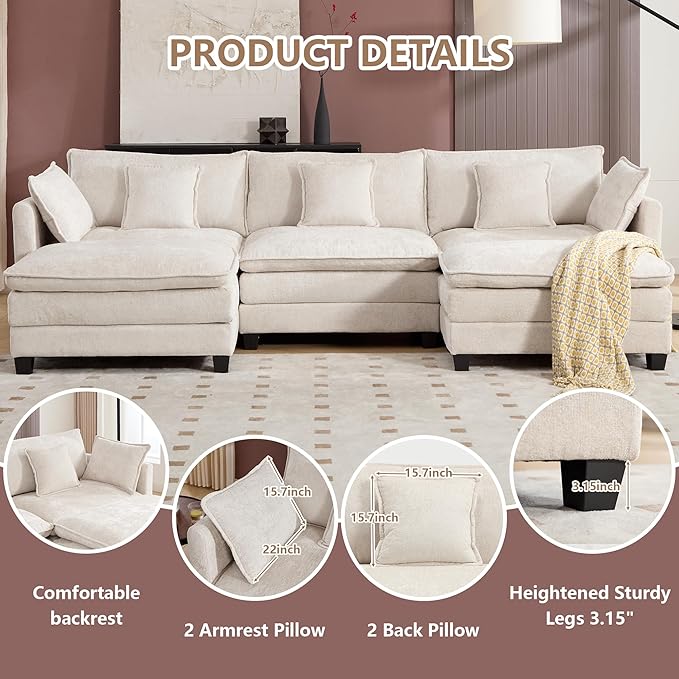 Plush Modular Cloud Sofa Set with Ottoman | L/U-Shaped Deep Seating Chenille Sectional for Family Living Room