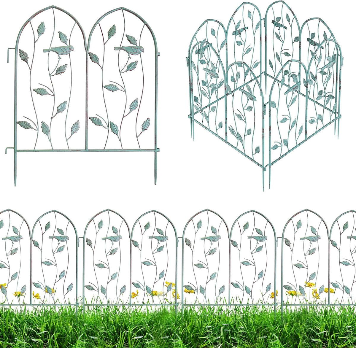 Decorative Garden Fence 4 Pack, 24in(H) x 6.5Ft(L), Metal Garden Fencing Panel, Landscape Pathway Edge Iron Picket Fence Panels, Border for Yard Patio Flower Bed