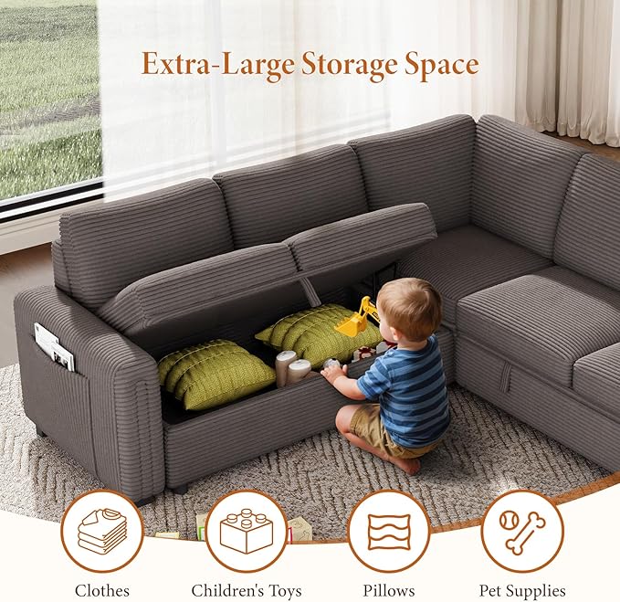 Vesgantti 88.4" Sleeper Sectional Couch with Pull Out Bed, 5 Seater L Shaped Modular Sectional Sofa with Storage, Comfy Corduroy Modular Sofa for Living Room, Bedroom, Apartment, Light Coffee
