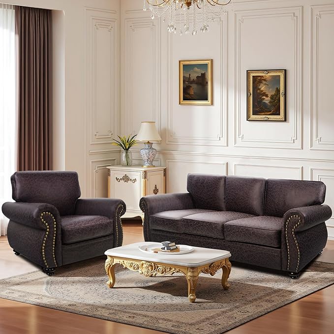 Mid-Century Vintage Sofa Couches with Rivet Design,3-Seater Sofa,Removable Sofa Cover Upholstered Cushions and Solid Wood Frame (Brown, 3-Seater)
