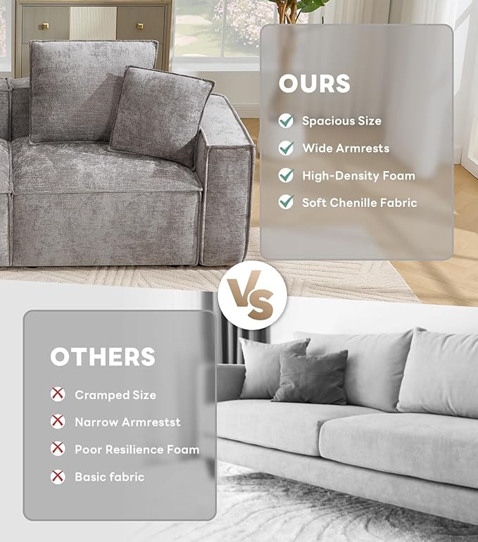 WILLOVE 47'' Single Sofa with Ottoman, Chenille Cloud Couch with Wide Armrests & 3 Pillows, Deep Seat Couches for Living Room, Grey