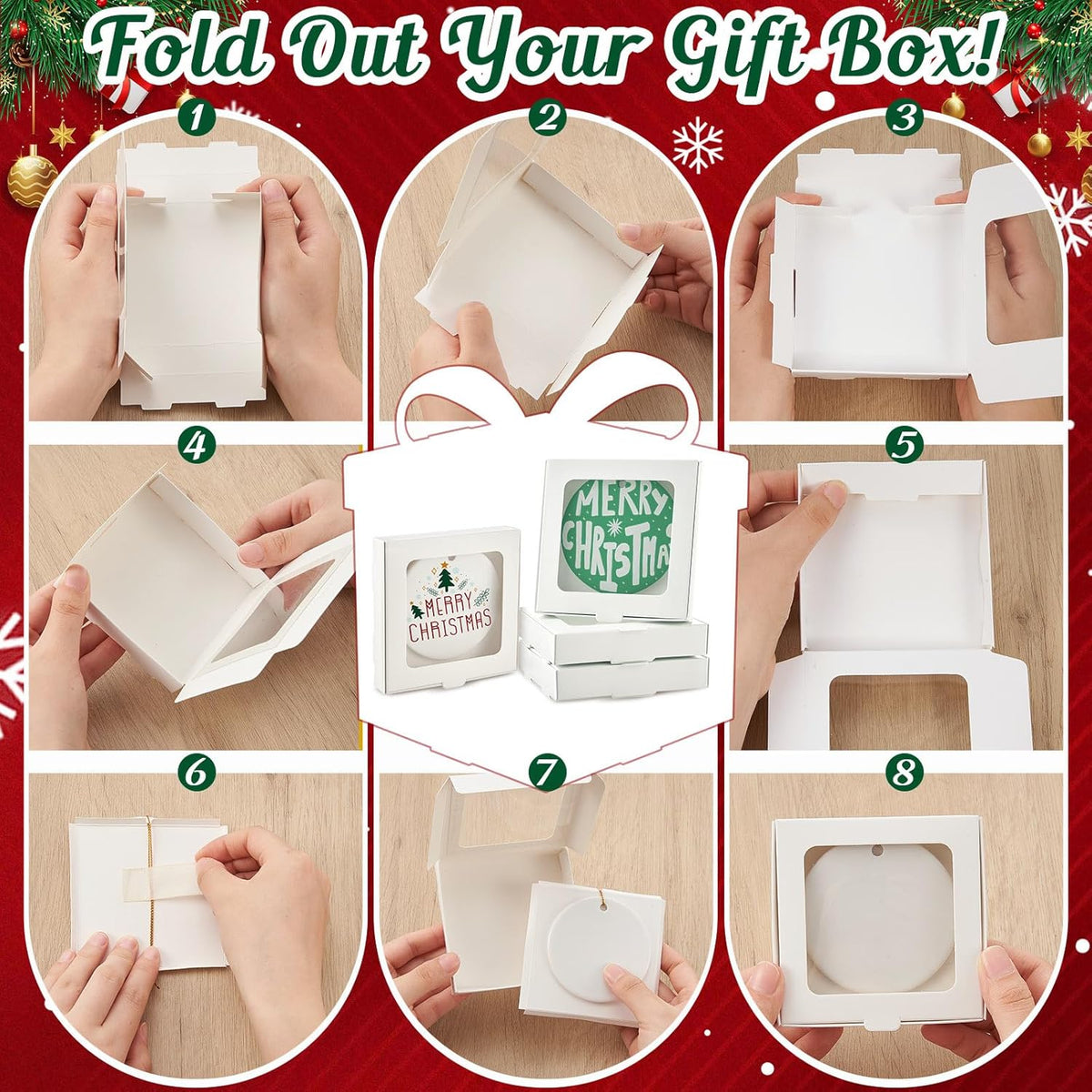 50 Pcs Sublimation Ornament Blanks Box 3.6"x3.6"x0.7" Christmas Ornaments Holder Ceramic Discs Packaging Box with Window for Personalized Xmas Tree Blanks Bulk (White)