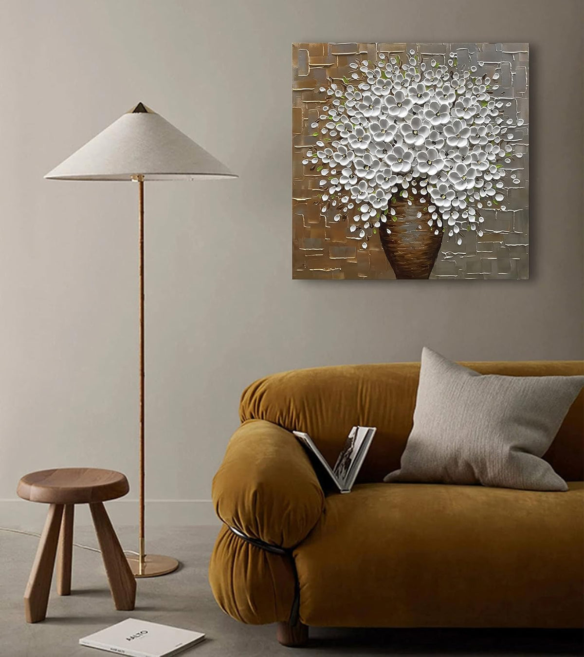 Epicler Hand Painted 3D Oil Painting on Canvas 24x24 inch White Flower Art,Morden Canvas Wall Paintings, Metal Textured Gold and Silver Background White Flower Artwork