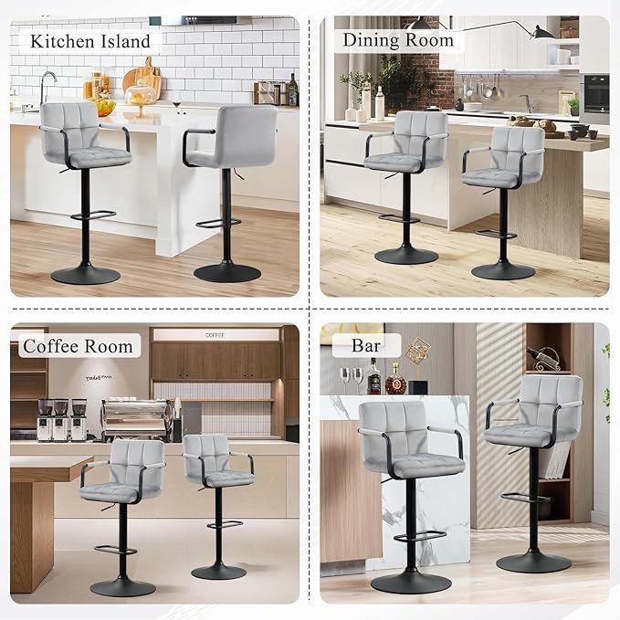 Furniliving Bar Stools Set of 2 with Armrest, Adjustable Square Velvet Barstools for Kitchen Counter, 360°Swivel Counter Barstools for Dining Room(Grey)