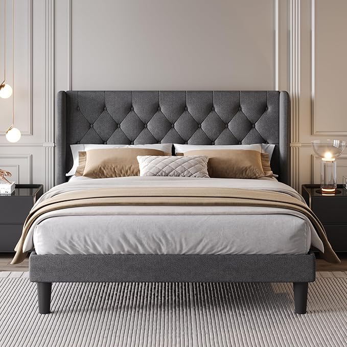 SHA CERLIN Full Size Upholstered Platform Bed Frame with Wingback Headboard, Tufted Linen Fabric, Wooden Slats Support, Easy Assembly, No Box Spring Needed, Dark Grey