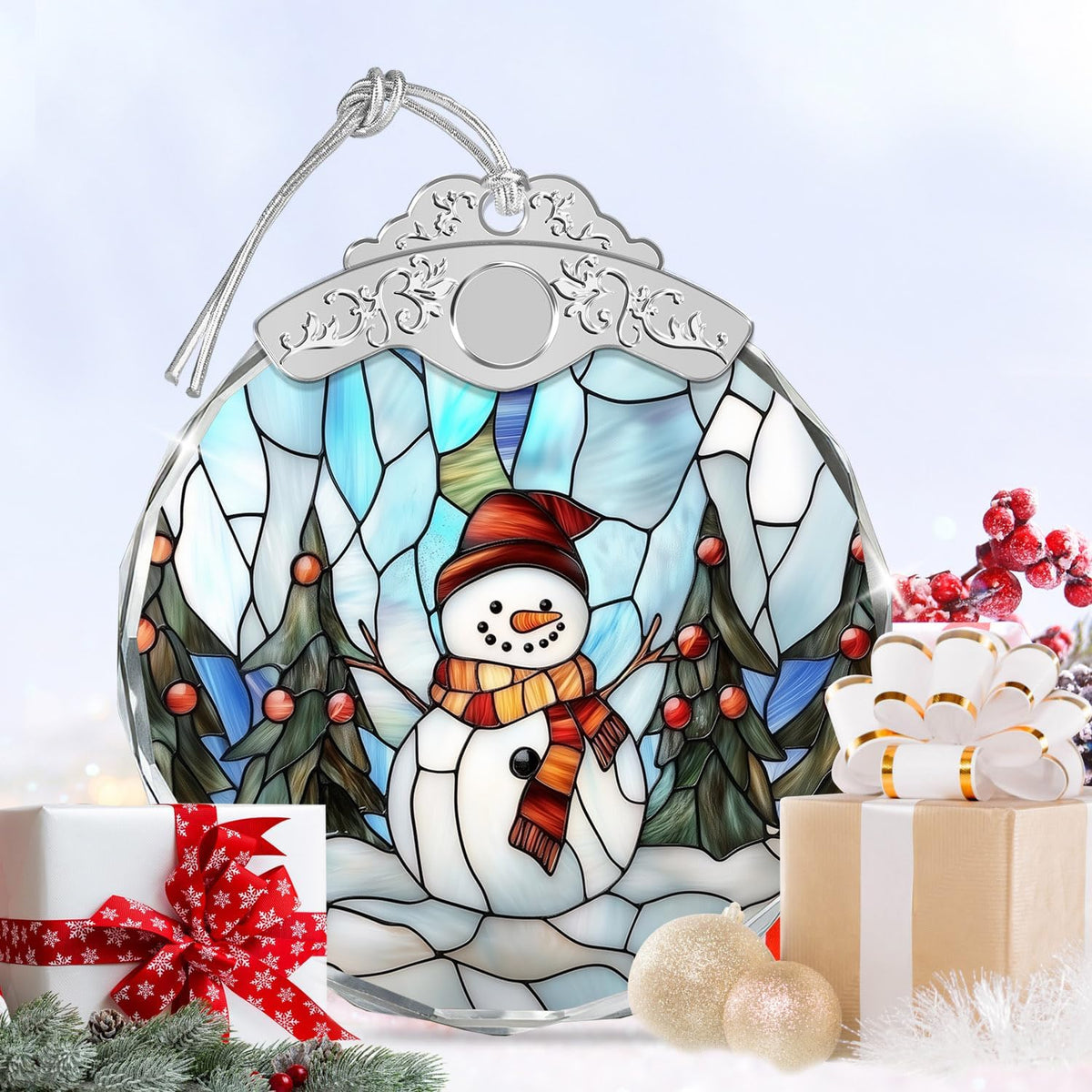 Stained Glass Ornament - Snowman Christmas Ornaments - Xmas Decor - Ornaments for Christmas Tree - Holiday Presents - Gift Exchange Ideas - Car Hanging Decoration - Wine Bottle Decor