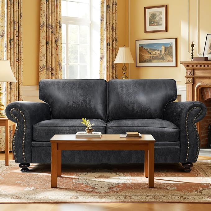 Mid-Century Vintage Sofa Couches with Rivet Design,loveseat Sofa,Removable Sofa Cover Upholstered Cushions and Solid Wood Frame (Grey, Loveseat)