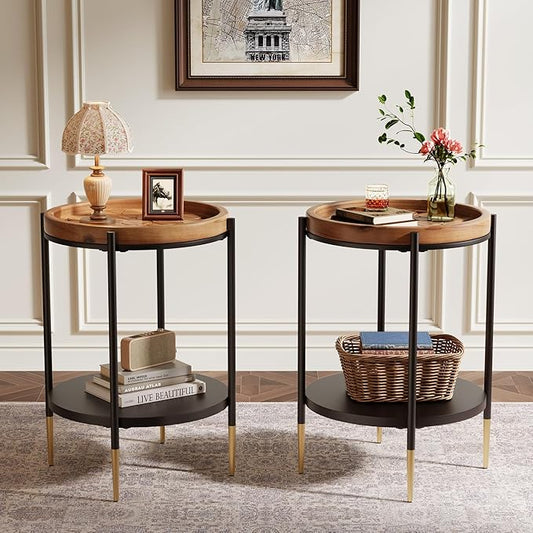 Tribesigns Round Side Table Set of 2, 2-Tier End Table with Solid Wood and Metal, Industrial Nightstand for Small Spaces, Living Room, Bedroom, Study Room (Rustic Brown)