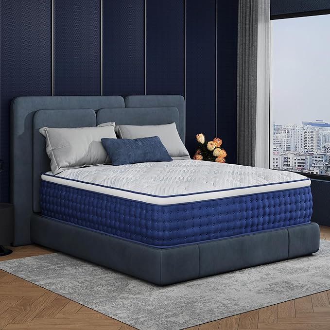 Queen Mattress, 14 Inch Hybrid Queen Size, Medium Feel Foam and Individual Pocket Springs, Fiberglass Free Bed Mattress, Extra Edge Support, Pressure Relief, CertiPUR-US, Blue