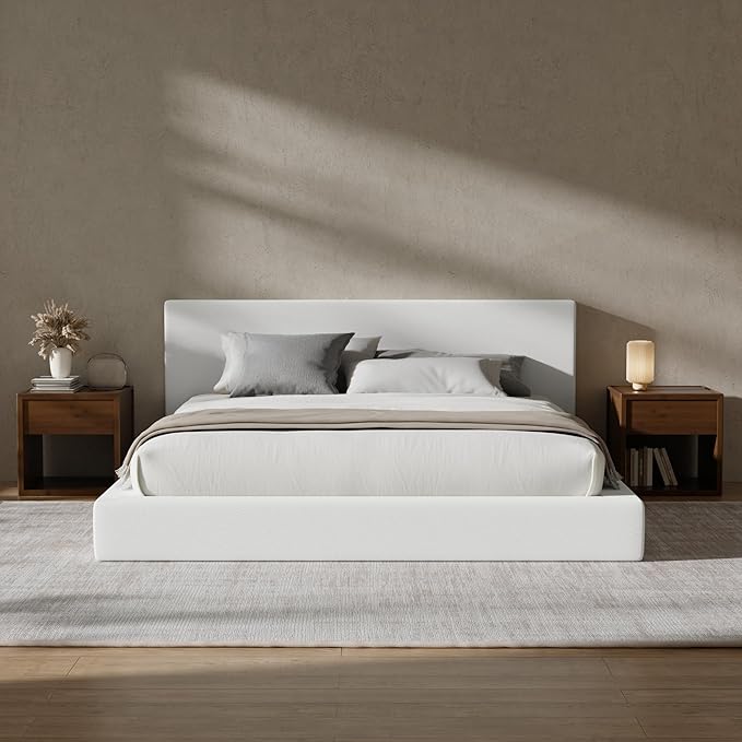 RECCI Cloud Upholstered King Bed Frame with Headboard, 5 Inch Foam Padded Platform, No Box Spring, Easy Assembly (Off-White)